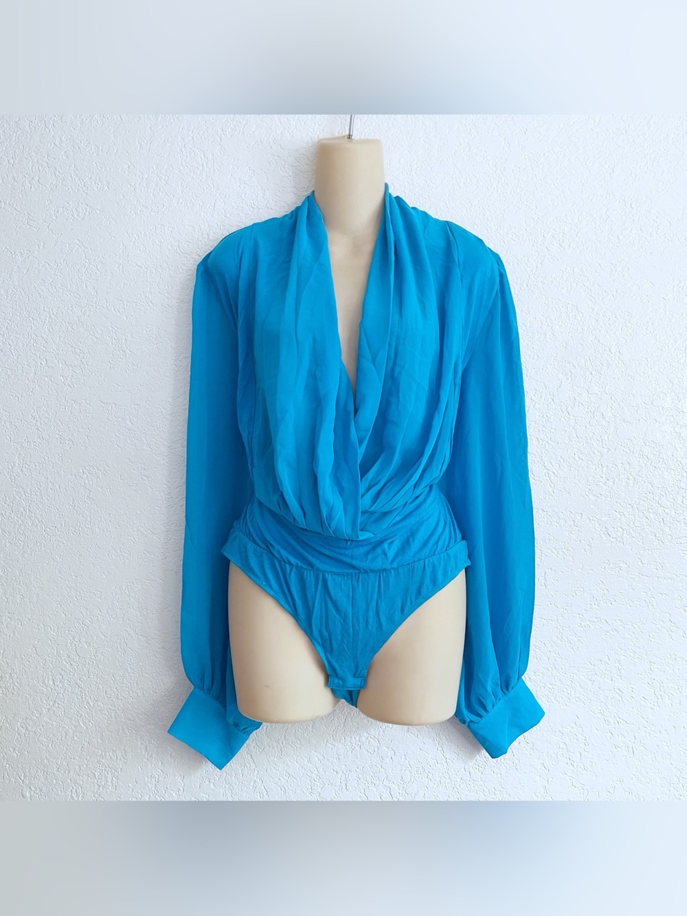 NY&Co Eva Mendes Collection Turquoise Blue Draped Long Sleeve Bodysuit Large NWT